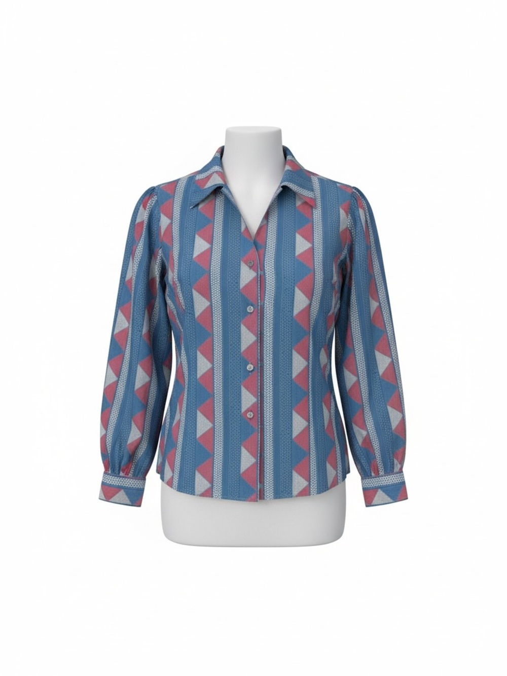 Vintage 80โs Geometric Stripe Button-Down Blouse in Blue and Pink